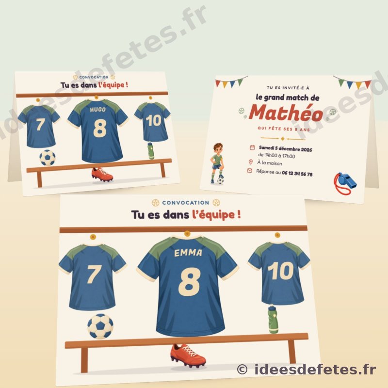 Invitation d'anniversaire football à imprimer : le maillot floqué au prénom de l'invité dans le vestiaire, « Tu es dans l'équipe ! »