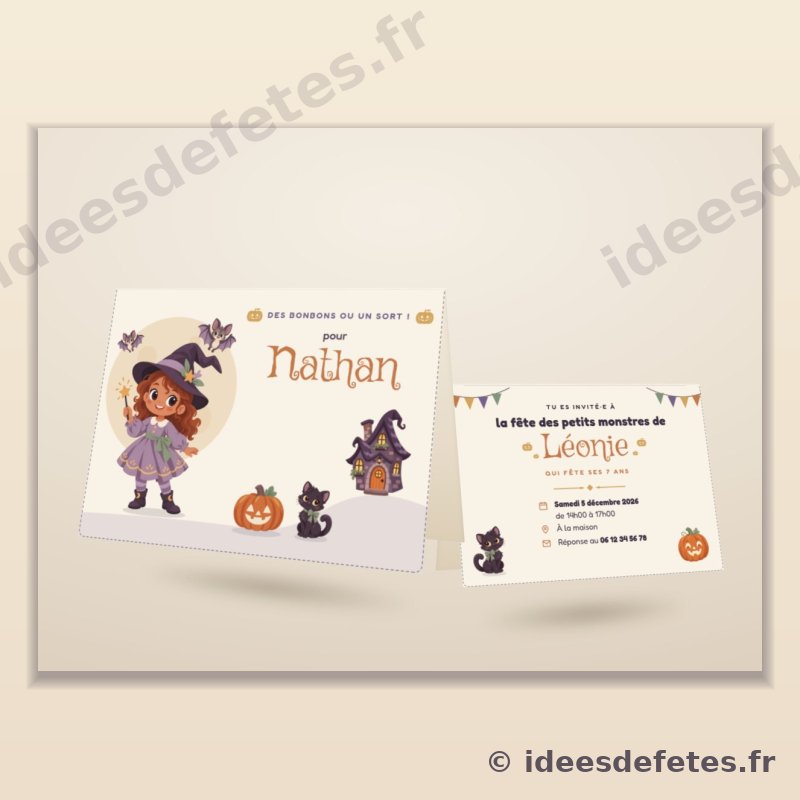 Invitation d’anniversaire Halloween à imprimer, pliée en deux : le prénom de l’invité en couverture, la date et le lieu au verso