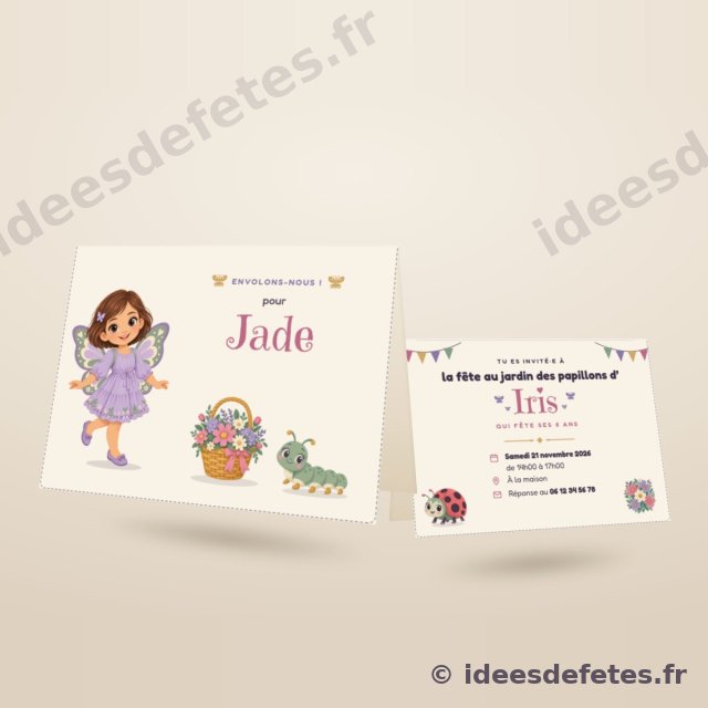 Invitation d’anniversaire papillon à imprimer, pliée en deux : le prénom de l’invité en couverture, la date à l’intérieur
