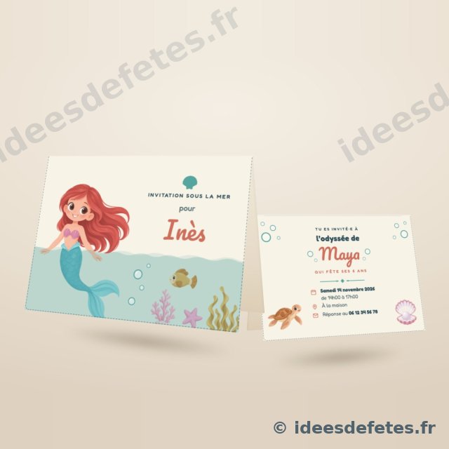Invitation d’anniversaire sirène à imprimer, pliée en deux : le prénom de l’invité en couverture, la date et le lieu au verso