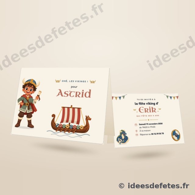 Invitation d’anniversaire viking à imprimer, pliée en deux : le prénom de l’invité en couverture, la date et le lieu au verso
