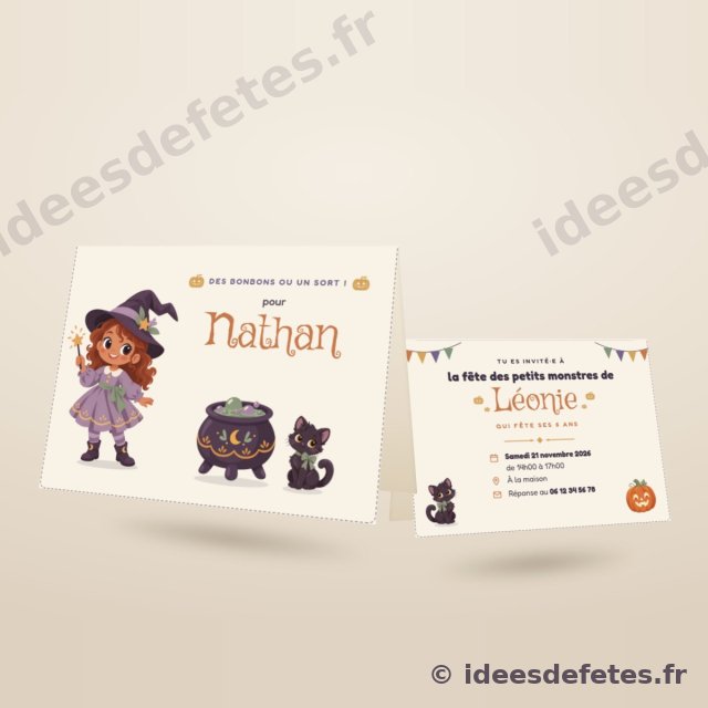 Invitation d’Halloween à imprimer, pliée en deux : le prénom de l’invité en couverture, la date et le lieu au verso