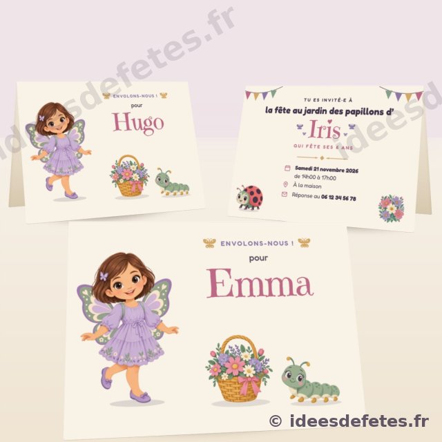Invitations d’anniversaire papillon à imprimer : la fillette aux ailes mauves, son panier de fleurs et le prénom de l’invité