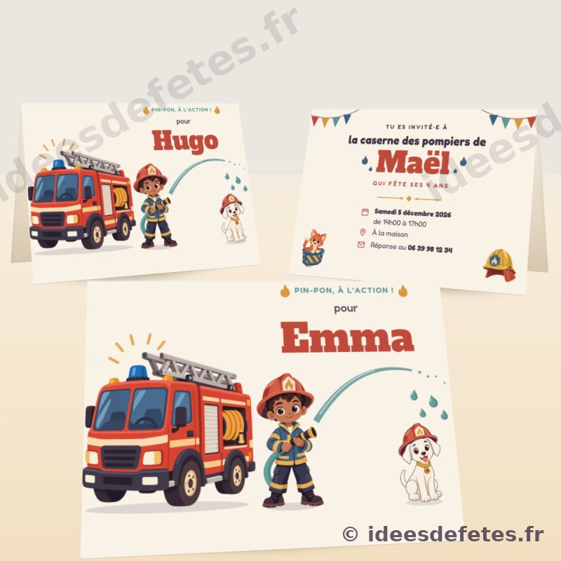 Invitations d’anniversaire pompier à imprimer : le camion rouge, un jeune pompier et sa lance, et le prénom de chaque invité