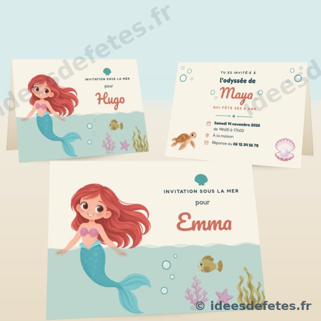 Invitations d’anniversaire sirène à imprimer : le lagon, ses coquillages, le château de corail et le prénom de chaque invité