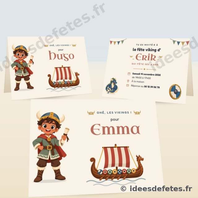 Invitations d’anniversaire viking à imprimer : le drakkar, le casque à cornes, la troupe du village et le prénom de chaque invité