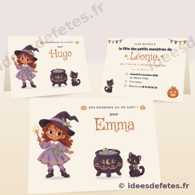 Invitations d’Halloween à imprimer : la sorcière, le chaudron, le chat noir et le prénom de chaque invité