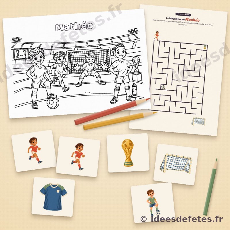 Jeux d'anniversaire football à imprimer : coloriage au prénom de l'enfant, labyrinthe et cartes de memory de l'équipe