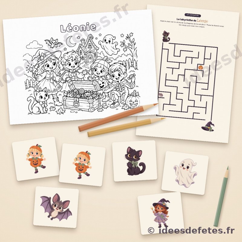 Jeux d’anniversaire Halloween à imprimer : coloriage de la Maison Hantée au prénom de l’enfant, labyrinthe et cartes de memory des petits monstres