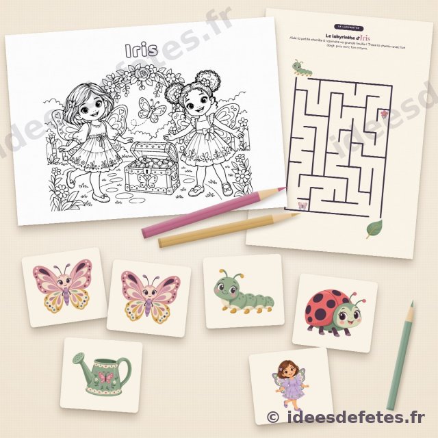 Jeux d’anniversaire papillon à imprimer : coloriage au prénom de l’enfant, labyrinthe et cartes de memory du jardin