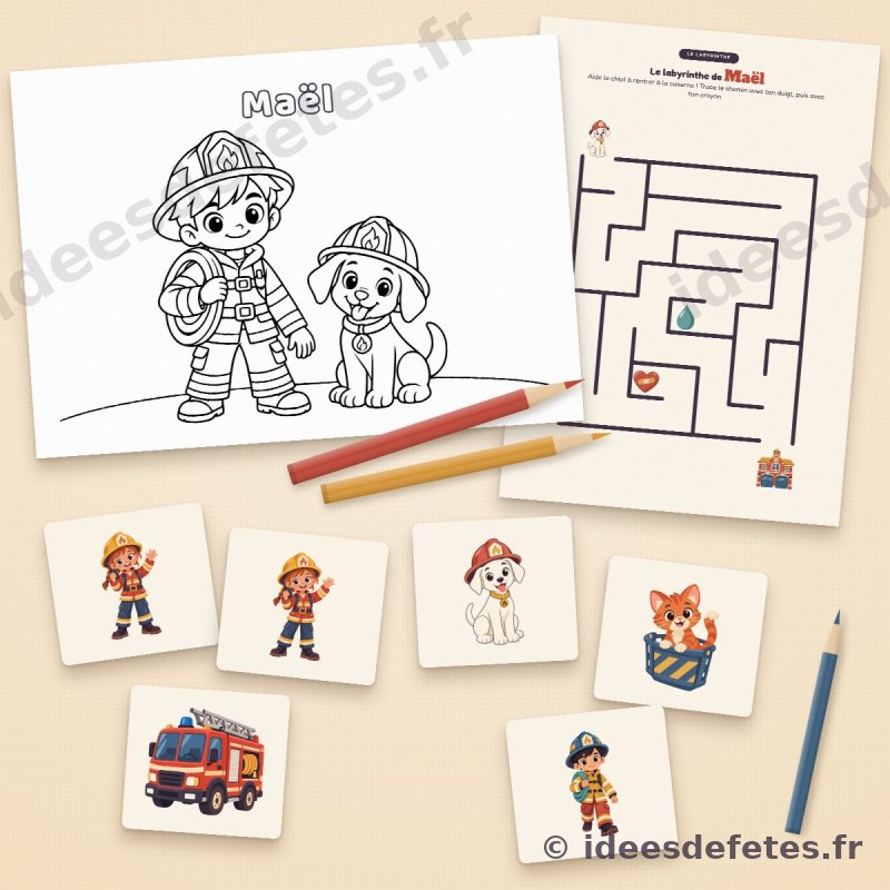 Jeux d’anniversaire pompier à imprimer : coloriage au prénom de l’enfant, labyrinthe et cartes de memory de la brigade