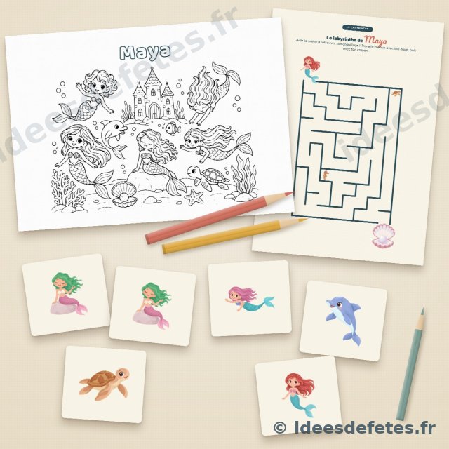 Jeux d’anniversaire sirène à imprimer : coloriage au prénom de l’enfant, labyrinthe et cartes de memory du lagon