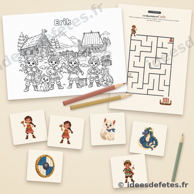 Jeux d’anniversaire viking à imprimer : coloriage au prénom de l’enfant, labyrinthe et cartes de memory du village