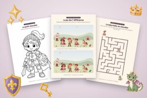 Jeux de chevaliers à imprimer : coloriage du petit chevalier, jeu des 7 différences et labyrinthe du chevalier