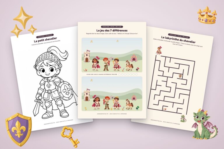 Jeux de chevaliers à imprimer : coloriage du petit chevalier, jeu des 7 différences et labyrinthe du chevalier