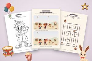 Jeux de cirque à imprimer : coloriage du clown, jeu des 7 différences et labyrinthe du poney