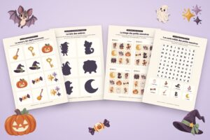 Jeux de société d’Halloween à imprimer : memory, loto des ombres, bingo et mots mêlés posés en éventail