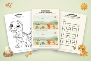 Jeux de dinosaures à imprimer : coloriage du T-rex, jeu des 7 différences et labyrinthe du diplodocus