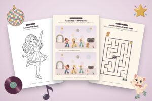 Jeux disco à imprimer : coloriage de la vedette, jeu des 7 différences et labyrinthe du petit chien