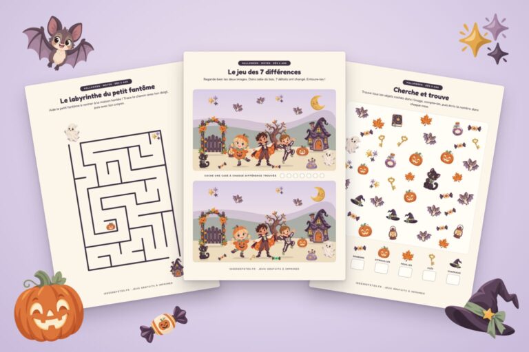 Jeux d’Halloween à imprimer : jeu des 7 différences, labyrinthe du petit fantôme et cherche et trouve posés en éventail