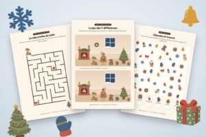 Jeux de Noël à imprimer : jeu des 7 différences au coin du feu, labyrinthe du lutin et cherche et trouve