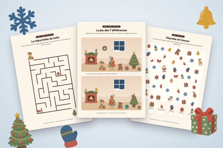 Jeux de Noël à imprimer : jeu des 7 différences au coin du feu, labyrinthe du lutin et cherche et trouve