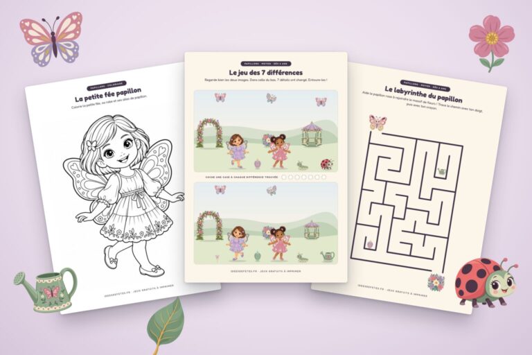 Jeux de papillons à imprimer : coloriage de la petite fée, jeu des 7 différences et labyrinthe du papillon