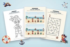 Jeux pirates à imprimer : coloriage du petit capitaine, jeu des 7 différences et labyrinthe du capitaine