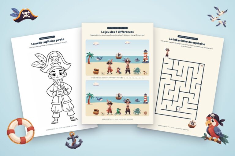 Jeux pirates à imprimer : coloriage du petit capitaine, jeu des 7 différences et labyrinthe du capitaine