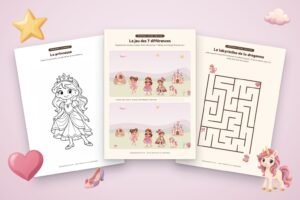 Jeux de princesses à imprimer : coloriage de la princesse, jeu des 7 différences et labyrinthe de la dragonne