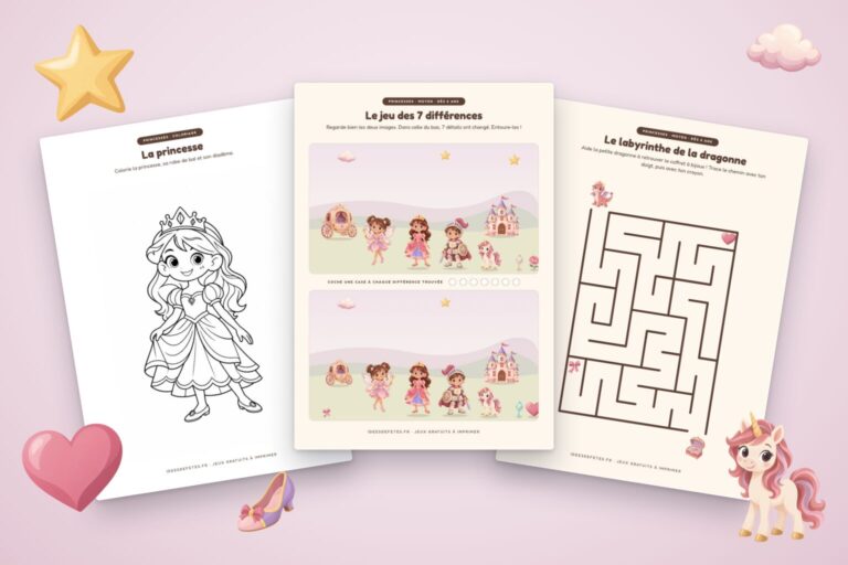 Jeux de princesses à imprimer : coloriage de la princesse, jeu des 7 différences et labyrinthe de la dragonne