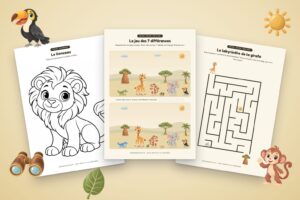 Jeux de safari à imprimer : coloriage du lionceau, jeu des 7 différences et labyrinthe de la girafe