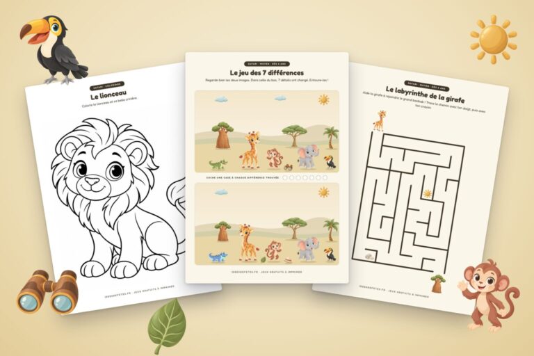 Jeux de safari à imprimer : coloriage du lionceau, jeu des 7 différences et labyrinthe de la girafe