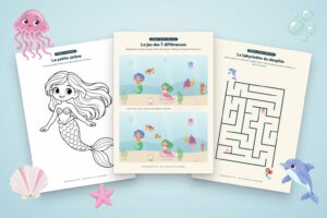 Jeux de sirènes à imprimer : coloriage de la petite sirène, jeu des 7 différences et labyrinthe du dauphin