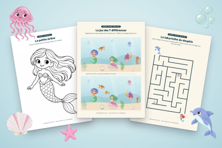 Jeux de sirènes à imprimer : coloriage de la petite sirène, jeu des 7 différences et labyrinthe du dauphin