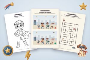Jeux de super-héros à imprimer : coloriage du super-héros, jeu des 7 différences et labyrinthe dans la ville