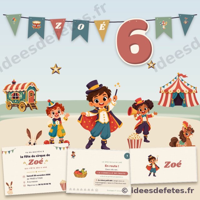 Kit d’anniversaire cirque personnalisé à imprimer : guirlande, invitation, chasse au trésor et la troupe du Grand Chapiteau