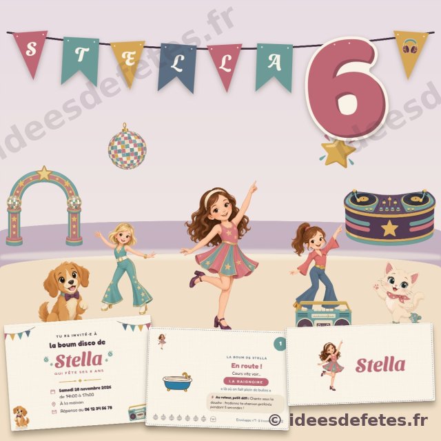 Kit d’anniversaire disco personnalisé à imprimer : guirlande, invitation, chasse au trésor et les danseuses de La Boum Disco