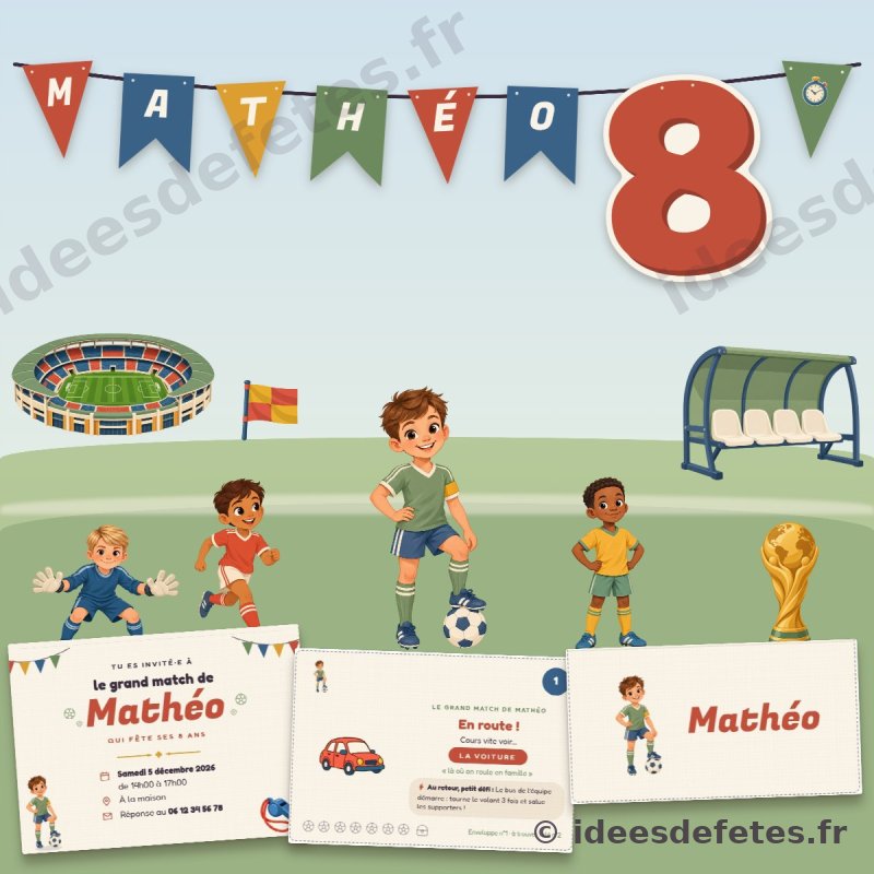 Kit anniversaire football Le Grand Match personnalisé : guirlande au prénom, invitation, cartes de la chasse, figurines et marque-place