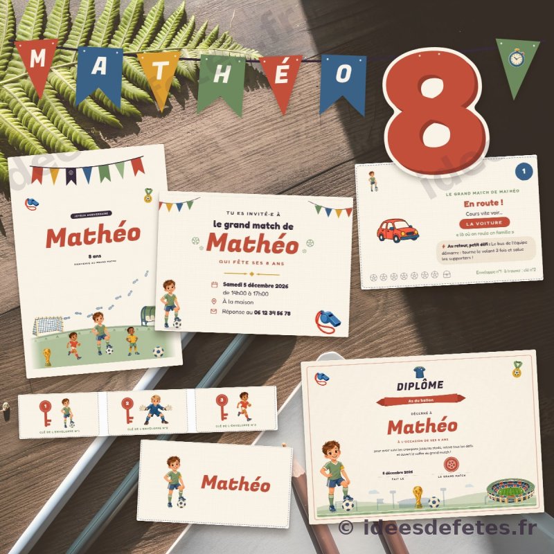 Kit d'anniversaire football Le Grand Match à imprimer : invitation, guirlande au prénom, carte au trésor, diplôme et marque-places sur la table