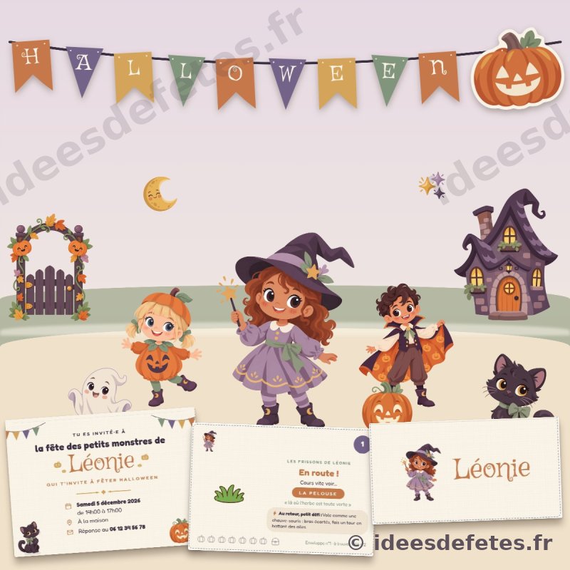 Kit d’anniversaire Halloween La Maison Hantée personnalisé : invitation, cartes de la chasse aux bonbons, marque-place et la bande des petits monstres