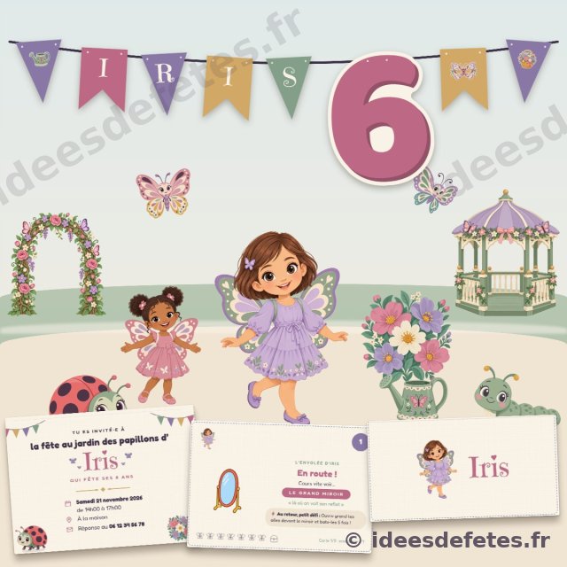 Kit d’anniversaire papillon personnalisé à imprimer : guirlande au prénom, invitation, carte au trésor et marque-place