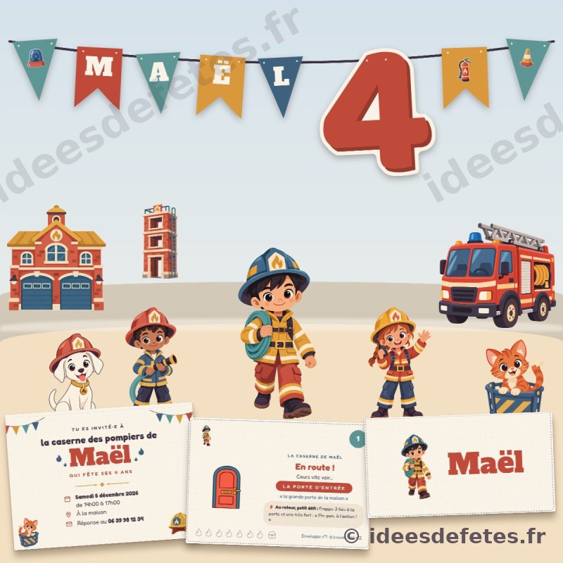 Kit d’anniversaire pompier La Caserne des Pompiers personnalisé : guirlande, invitation, cartes de la chasse et la brigade au complet