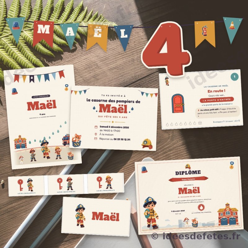 Kit d’anniversaire pompier à imprimer : guirlande au prénom, invitation, cartes de la chasse au trésor, diplôme et marque-places