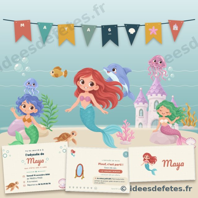 Kit d’anniversaire sirène personnalisé à imprimer : guirlande au prénom, invitation, carte de chasse au trésor, marque-place et les sirènes du lagon