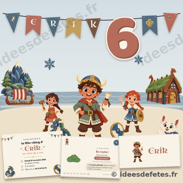 Kit d’anniversaire viking personnalisé à imprimer : guirlande au prénom, invitation, carte de chasse au trésor, marque-place et la troupe du village