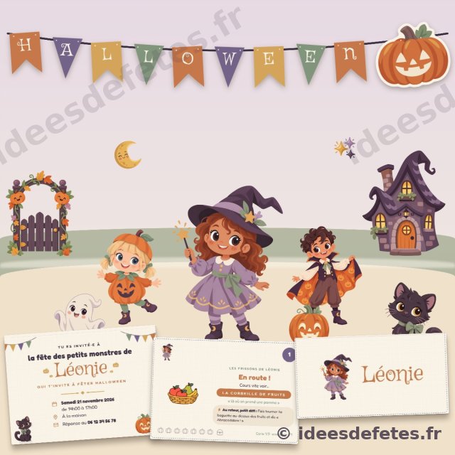 Kit d’Halloween personnalisé à imprimer : guirlande, invitation, carte de chasse au trésor, marque-place, la sorcière, le vampire et la maison hantée