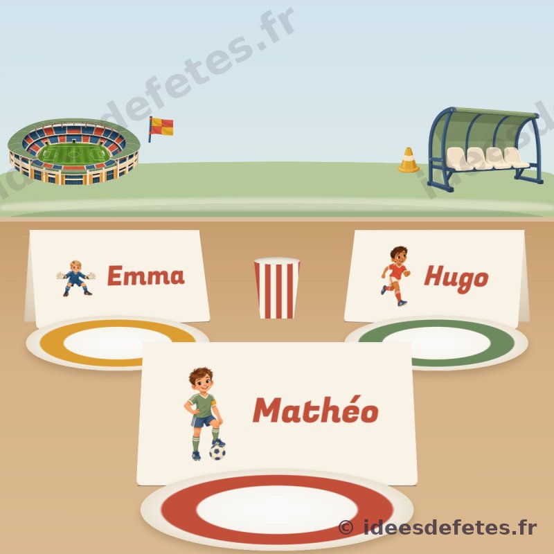 Marque-places football à imprimer : une carte au prénom de chaque enfant avec un joueur de l'équipe, devant son assiette