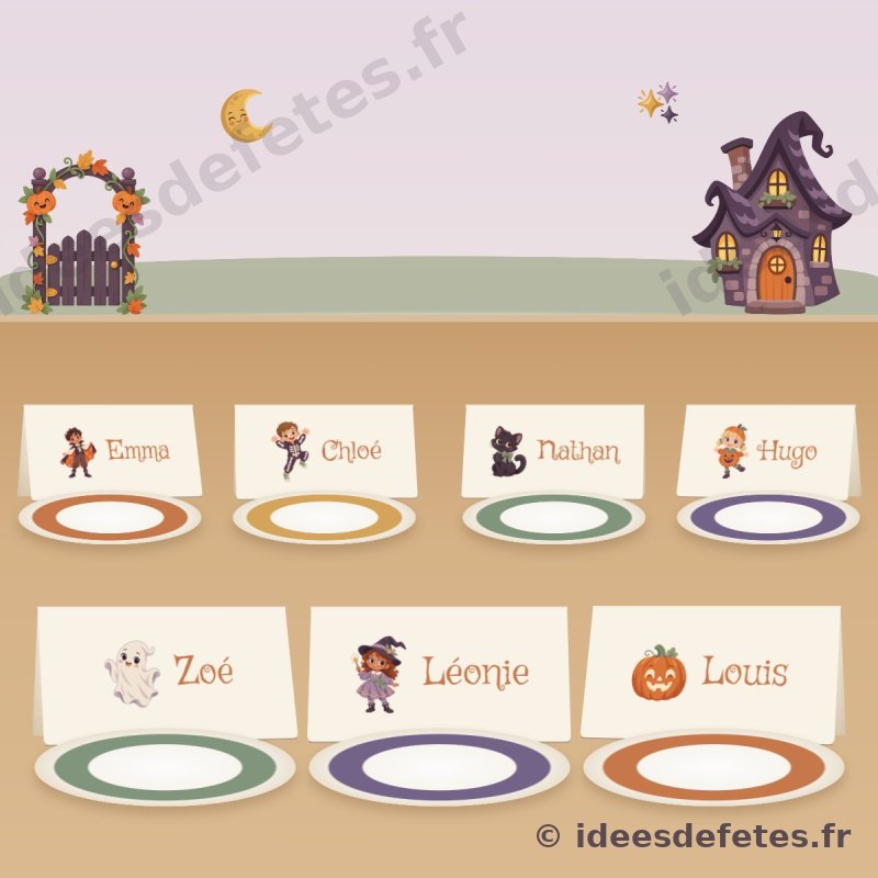 Marque-places d’Halloween à imprimer : une carte au prénom de chaque enfant avec un petit monstre, posée devant son assiette