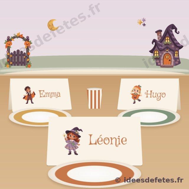 Marque-places d’Halloween à imprimer : une carte au prénom de chaque enfant avec un petit monstre, debout derrière son assiette